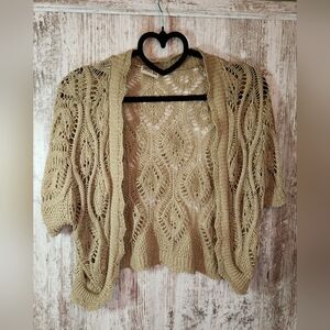 Sweet Kizz Beige Cream Cable Knit Cardigan Sweater Shrug Gold Accent Threads
